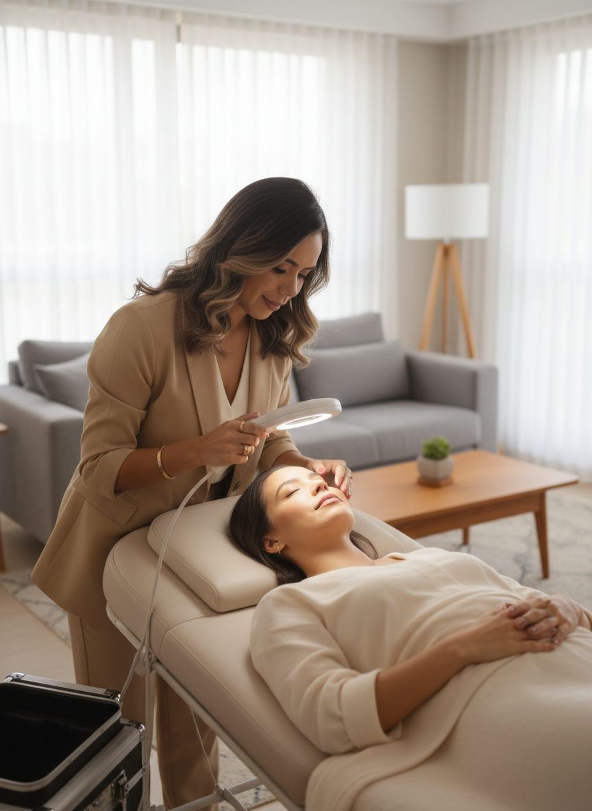 Especialista realizando um facial em ambiente acolhedor